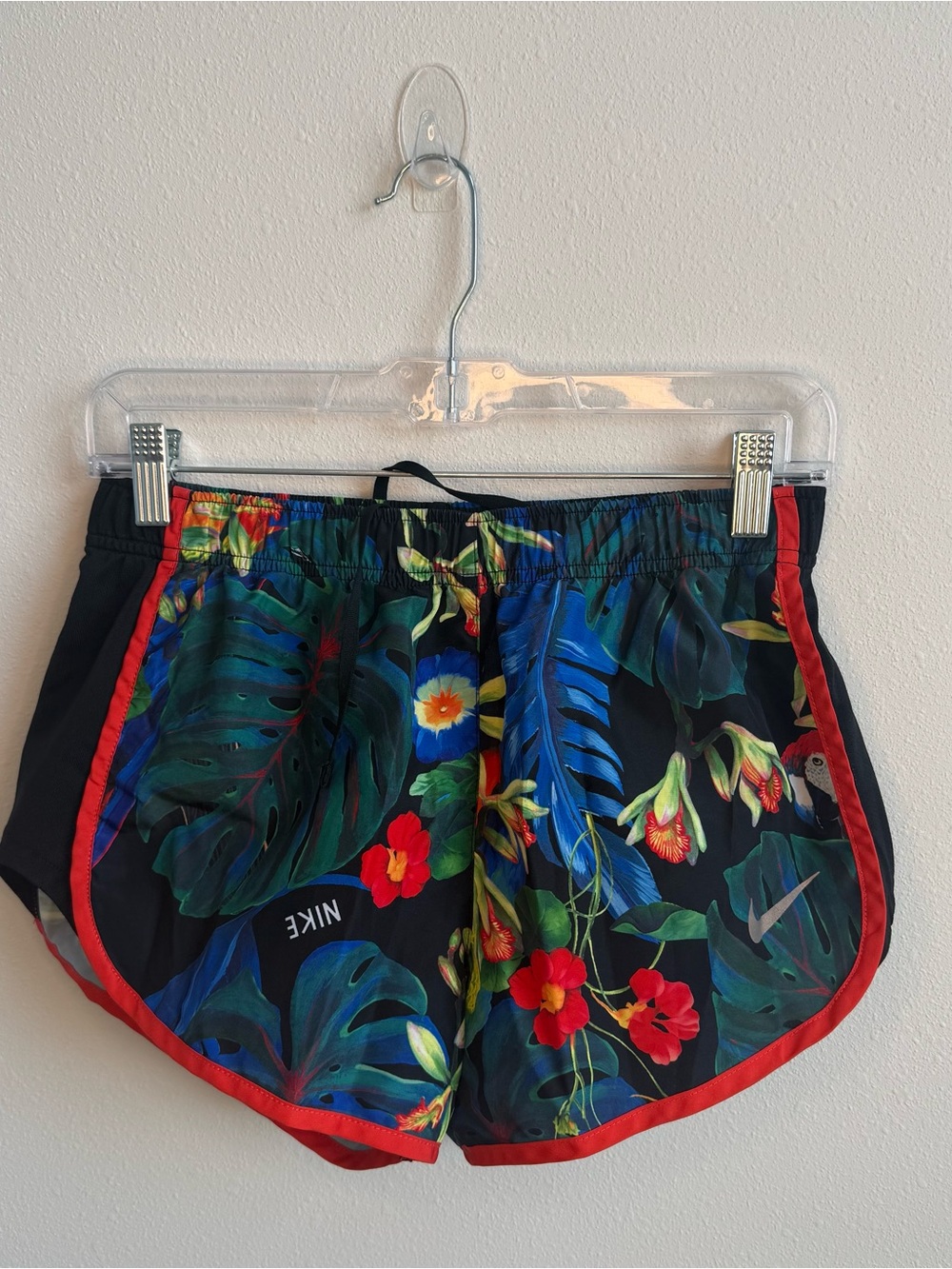 Nike Women's Black Tropical Floral Athletic Shorts with Red Trim